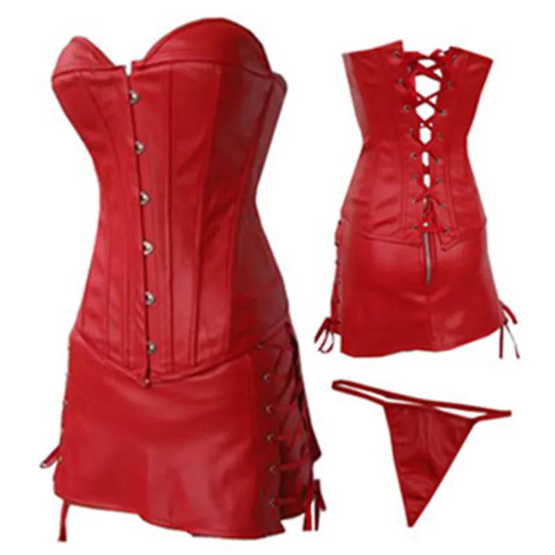 Crimson Leather Strapless Corset & Black Latex Bustier Set - Alluring Lingerie and Skirt