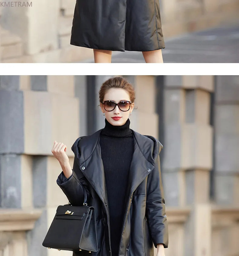 Genuine Sheepskin Leather Jacket Women Mid-length Hooded Down Coats 2024 Autumn Winter Real Black Leather Coat Jaqueta Feminina