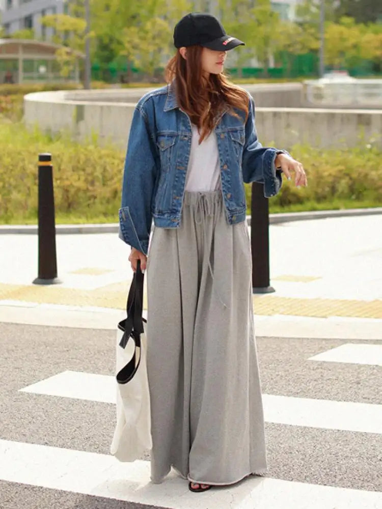 Bohohipei 2024 New Women Palazzo Pants Black Grey Color Spring Summer Fashion Casual High Waisted Wide Leg Trousers Bottoms