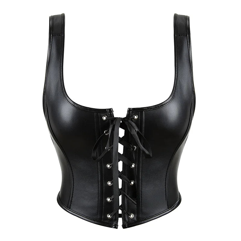 Rebel Chic PU Leather Gothic Corset Crop Top with Tie-Up Detail