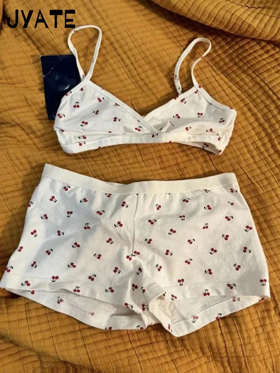 Playful Cherry Print Cotton Pajama Set for Women – Sexy V-Neck Bra and Chic Shorts Combo