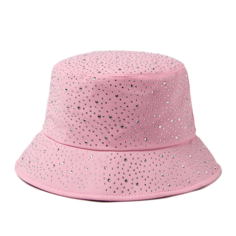 Chic Rhinestone-Studded Y2K Bucket Hat for Women - Stylish Cotton Panama Cap for Spring and Summer Escapades