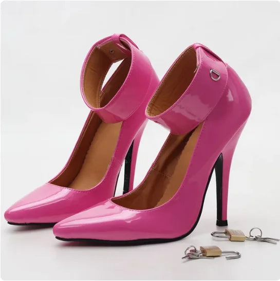 FHC 12CM Customizable Fetish High Heels with Lock and Key, Stylish Ankle Strap Pumps for Women, Available in Sizes 45 and 46