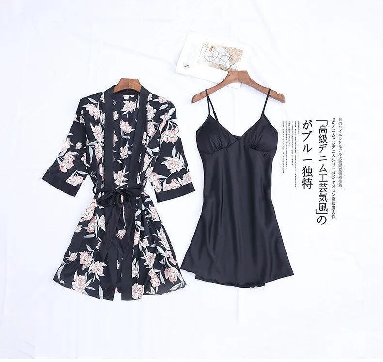 Chic Floral Print Summer Pajama Set with Belted Cardigan and Padded Slip Dress for Women