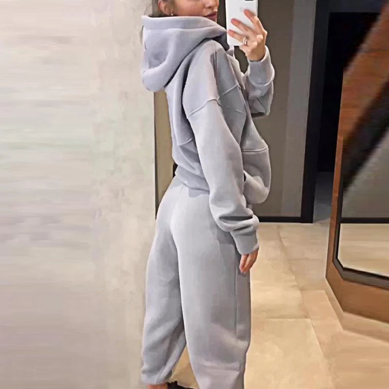 New Autumn Winter Thick Long Sleeved Hoodie Sets Casual Pocket Pants Sports Suit Women's Fashion Solid Loose Sweatshirt Outfits