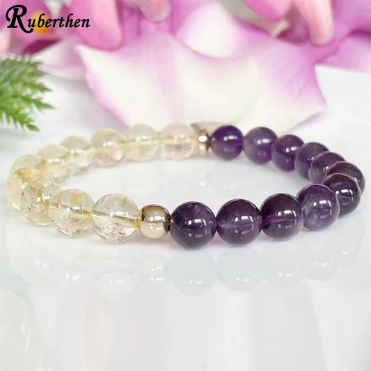 Ruberthen Healing Gemstone Bracelet for Women - Citrine & Amethyst Beaded Mala for Anxiety Relief and Yoga