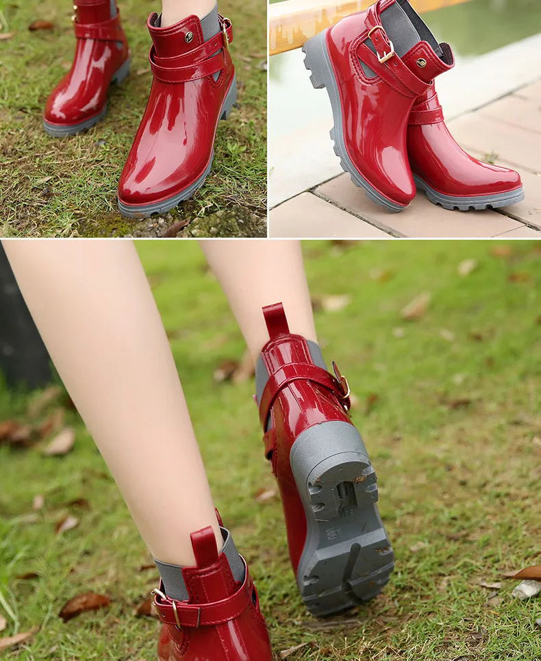 Stylish Waterproof Ankle Rain Boots for Women - PU Leather Slip-On Booties for All Seasons