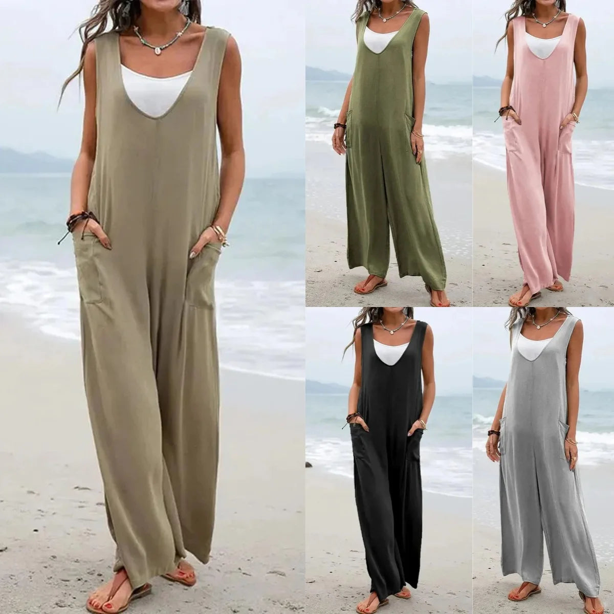 2024 Summer Solid Color V-Neck Wide-Leg Jumpsuit with Patch Pockets for Fashionable Look in Europe and the USA