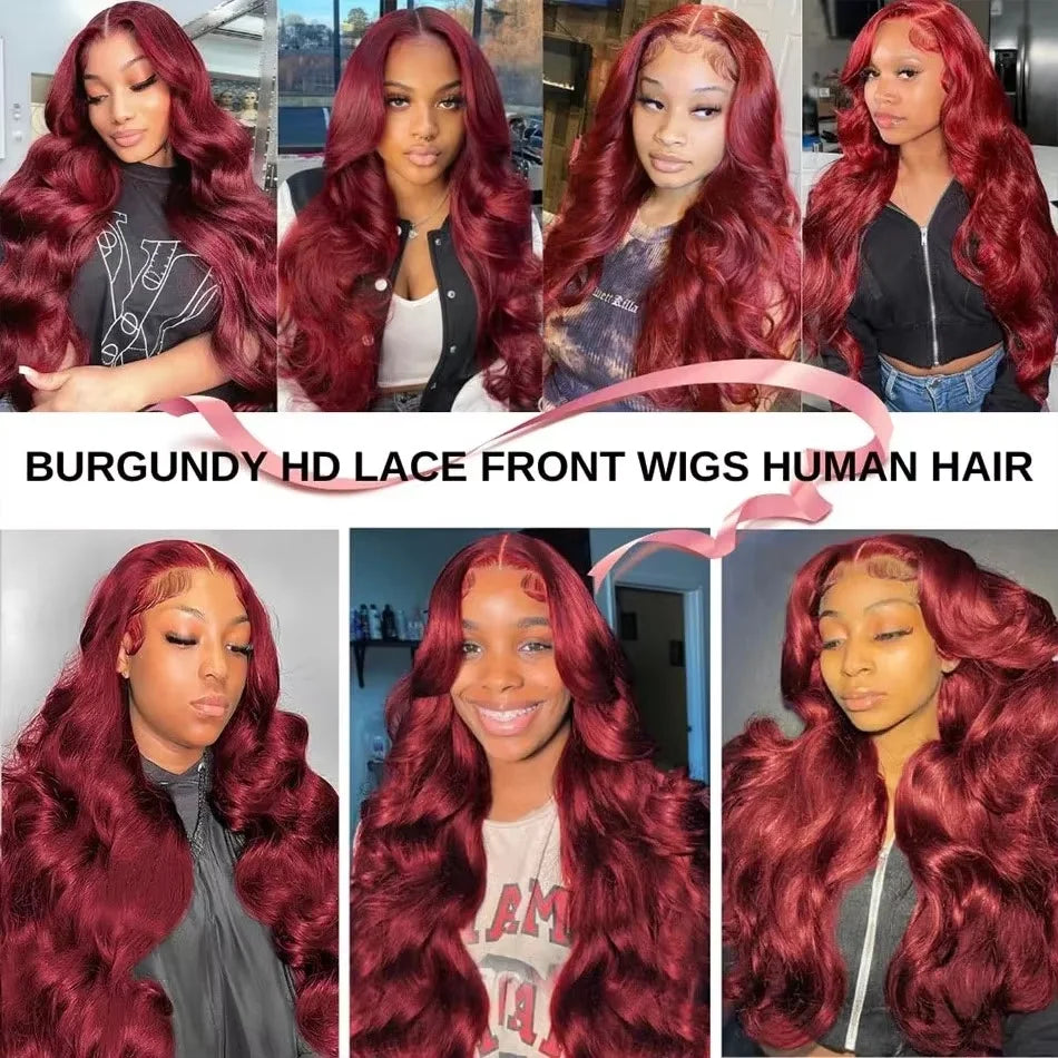 Burgundy Body Wave Lace Front Human Hair Wig for Black Women - 99J Remy HD Frontal Hairpiece