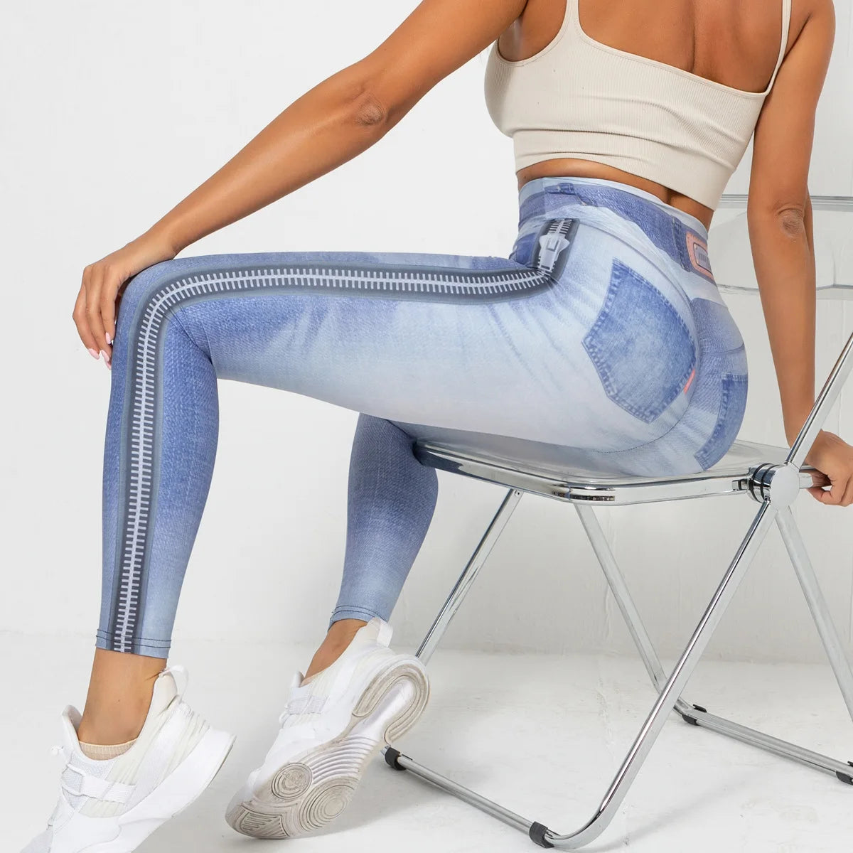 High Waist Scrunch Yoga Leggings for Women - Denim-Look Push Up Fitness Tights