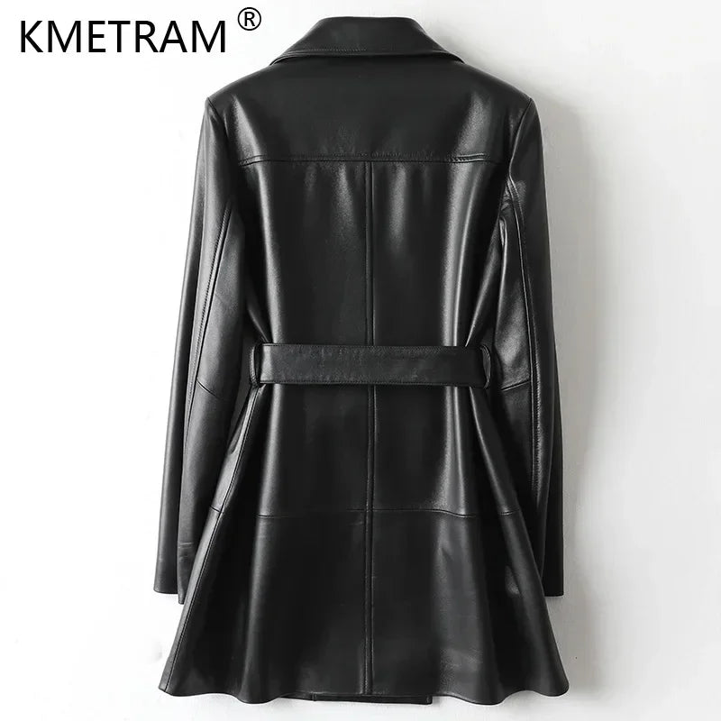 100% Genuine Leather Jackets Woman Korean Fashion Double-breasted Real Sheepskin Jacket Mid-length Elegant Leather Coat Outwear