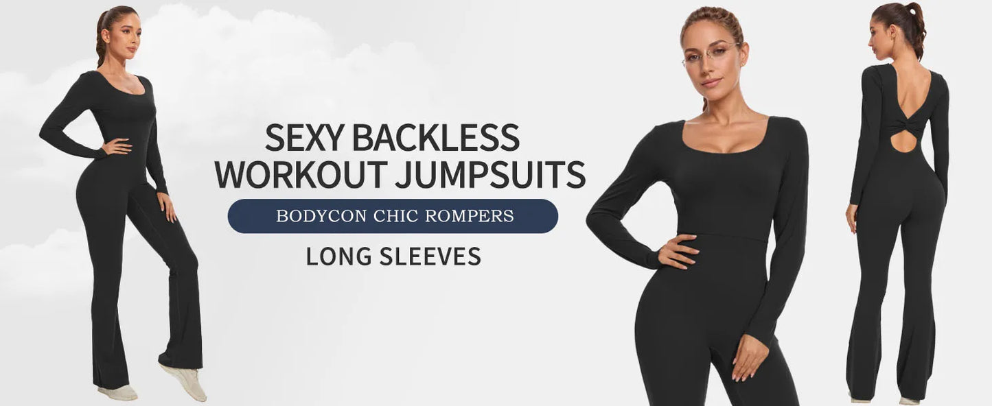 Womens Workout Flare Jumpsuit Backless Yoga Romper Scrunch Butt One Piece Bodysuit Leggings Open Back Gym Bodycorn