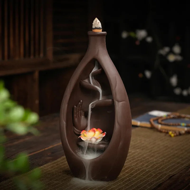 Ceramic Waterfall Incense Burner - Buddha Hand Teapot Censer Holder, Indoor Smoke Backflow Incense Fountain for Buddhist Altar Table Decor