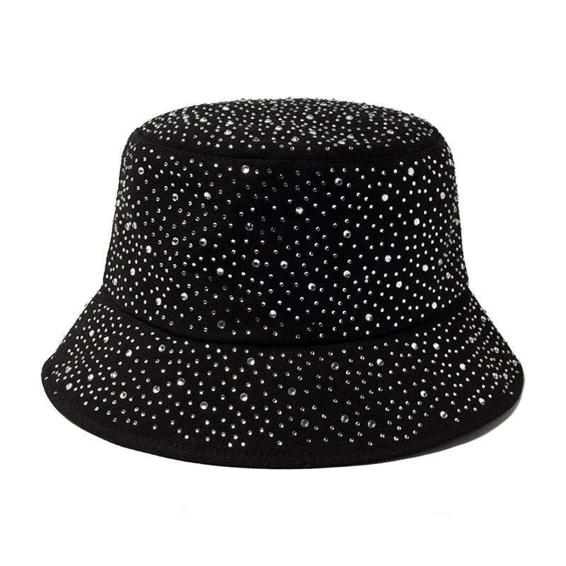 Chic Rhinestone-Studded Y2K Bucket Hat for Women - Stylish Cotton Panama Cap for Spring and Summer Escapades