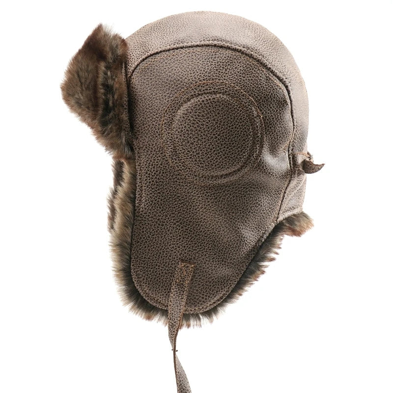 SupSindy Men Winter Bomber Hat With Goggles Outdoor Motorcycle Windproof Warm Faux Fur Pilot Earflap Hat Leather Thermal Ushanka