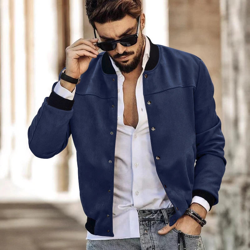 Men's Suede Button-Up Cardigan Jacket with Standing Collar for Spring and Autumn Casual Wear