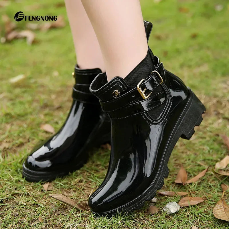 Stylish Waterproof Ankle Rain Boots for Women - PU Leather Slip-On Booties for All Seasons