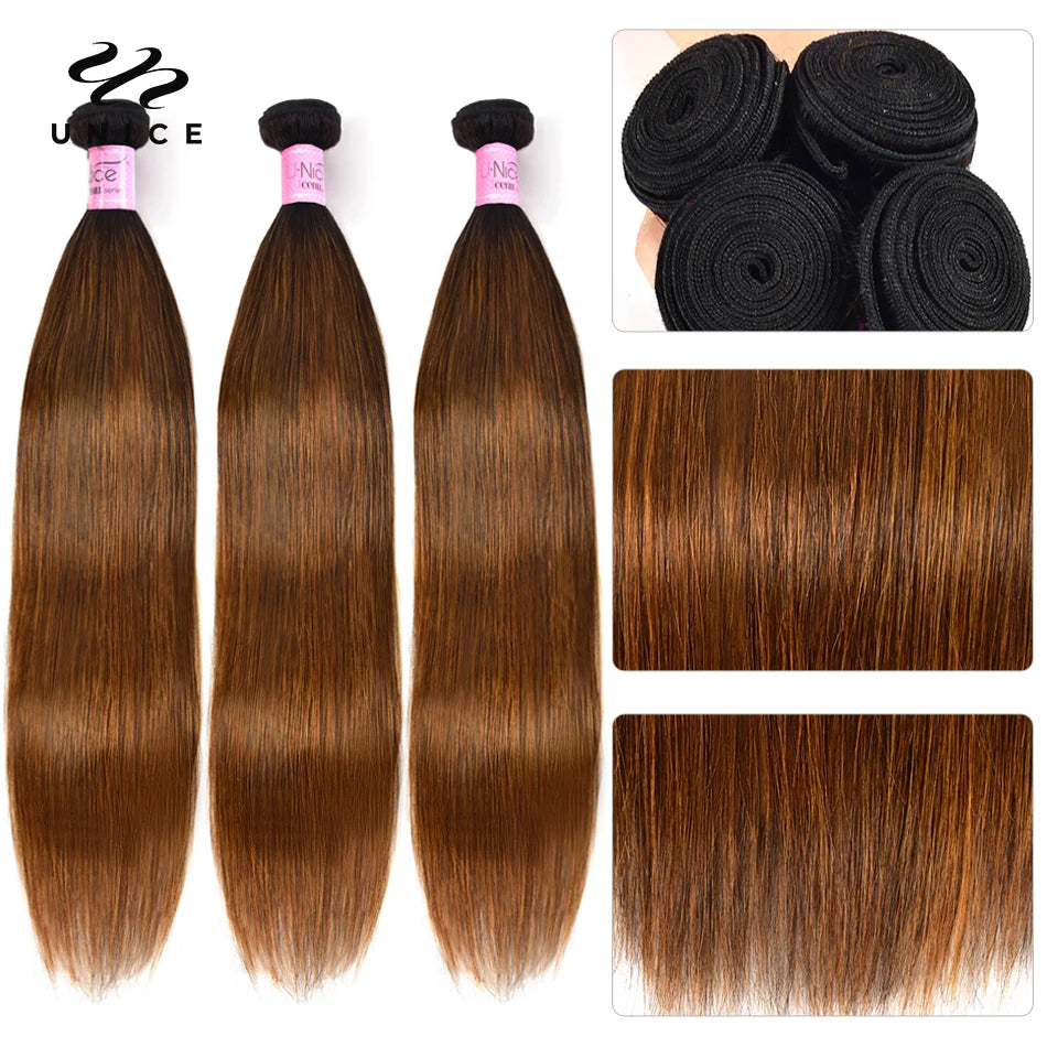 Unice Luxurious Brown Balayage Straight 3PCS Human Hair Extension Bundle