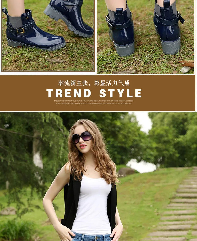 Stylish Waterproof Ankle Rain Boots for Women - PU Leather Slip-On Booties for All Seasons