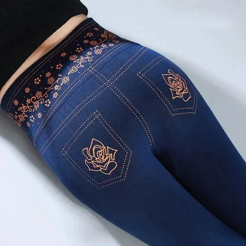 Cozy Floral Fleece-Lined High Waist Leggings for Women – Breathable and Stretchy Black Casual Trousers for Autumn-Winter