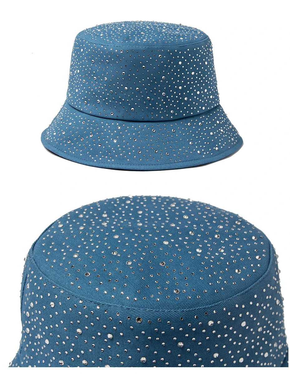 Chic Rhinestone-Studded Y2K Bucket Hat for Women - Stylish Cotton Panama Cap for Spring and Summer Escapades