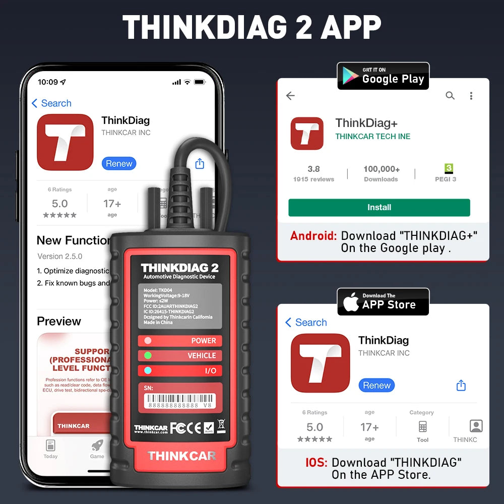 THINKCAR ThinkDiag 2 Pro OBD2 Diagnostic Scanner with All-System Support and Advanced Reset Functions