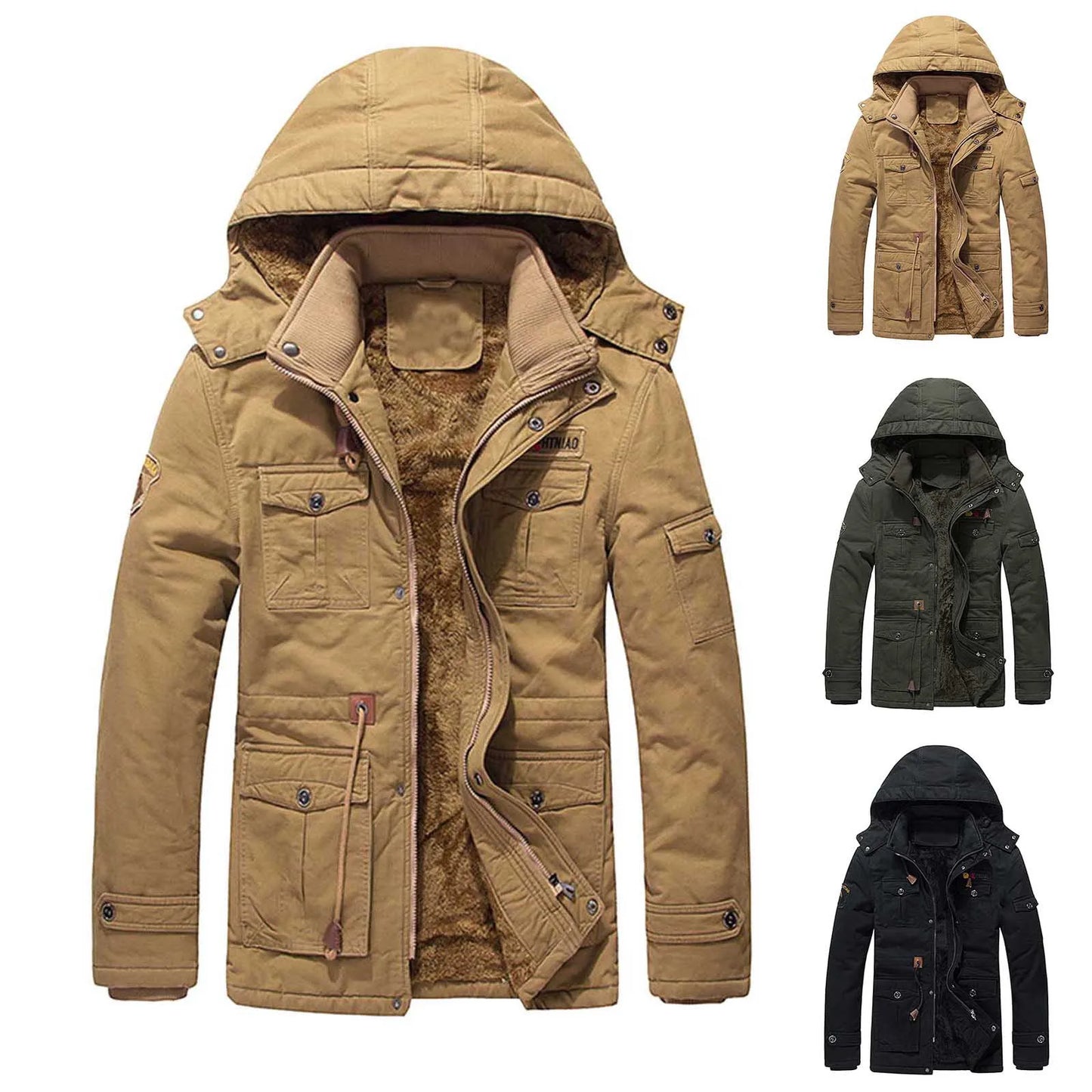 Men's Thick Hooded Winter Coat - Mid-Length Cargo Jacket with Fleece Vest for Big and Tall Sizes