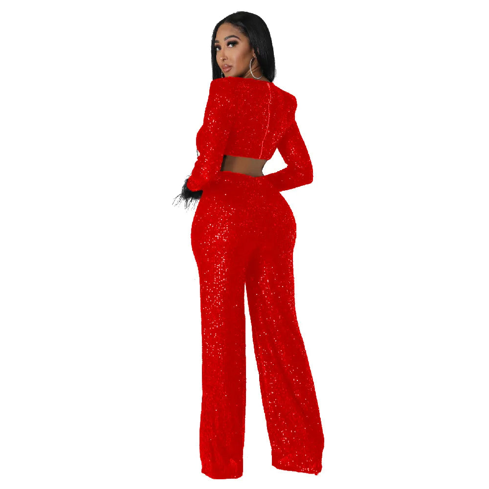 Chic Autumn V-Neck Sequin Jumpsuit with Feather Accents for Women