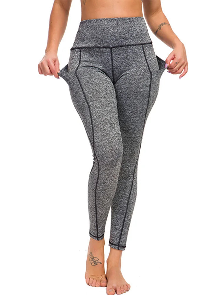 High Waisted Polyester Yoga Leggings with Pockets - Women's Fitness Trousers for Gym and Casual Wear