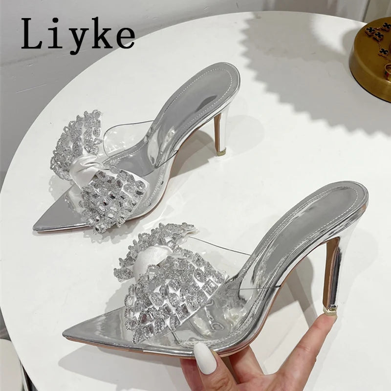 Liyke Elegant Crystal Bow High Heels Transparent Summer Slippers for Women - Sexy Pointed Toe Party Sandals