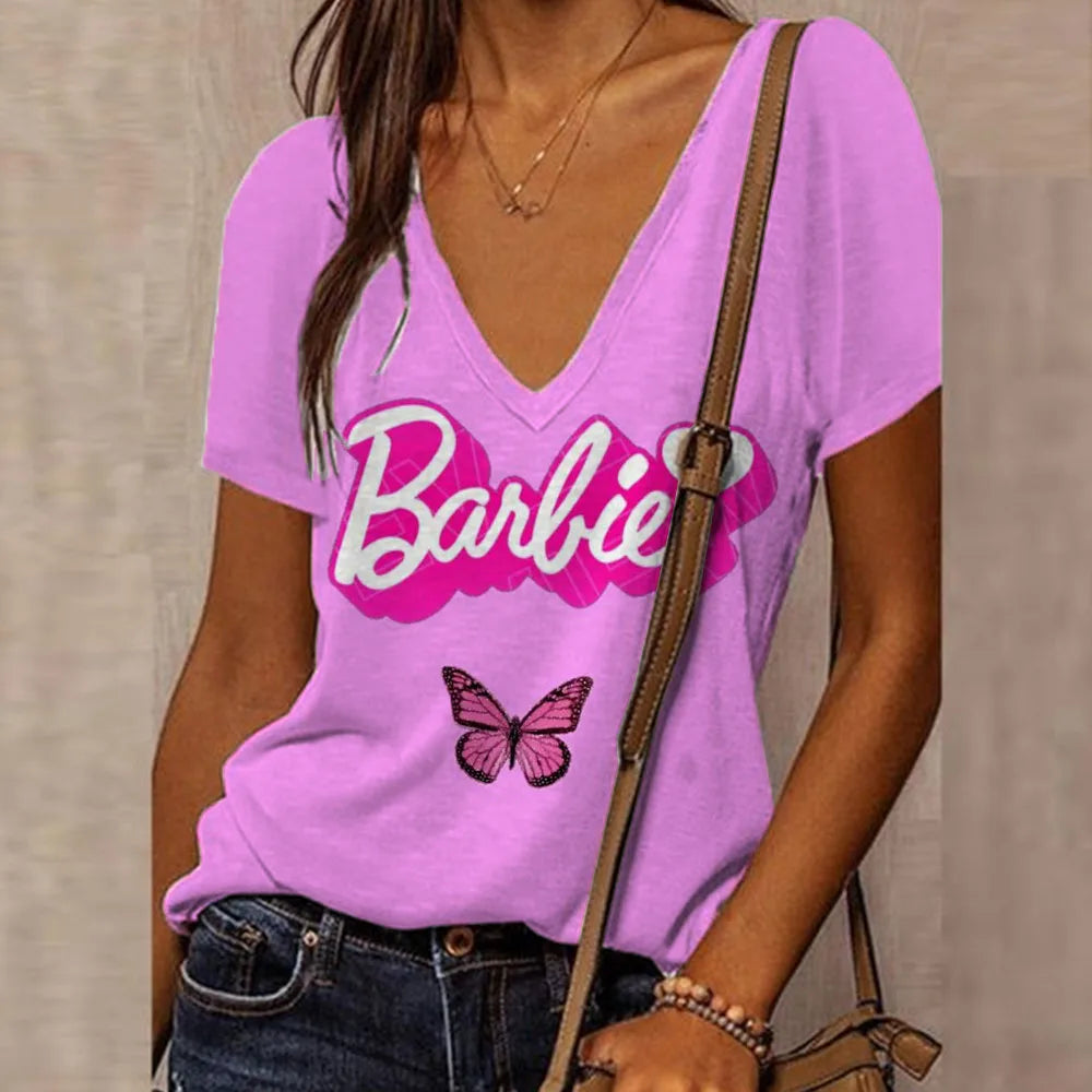 Vibrant Barbie Princess V-neck T-shirt for Women - Chic Summer Casual Style