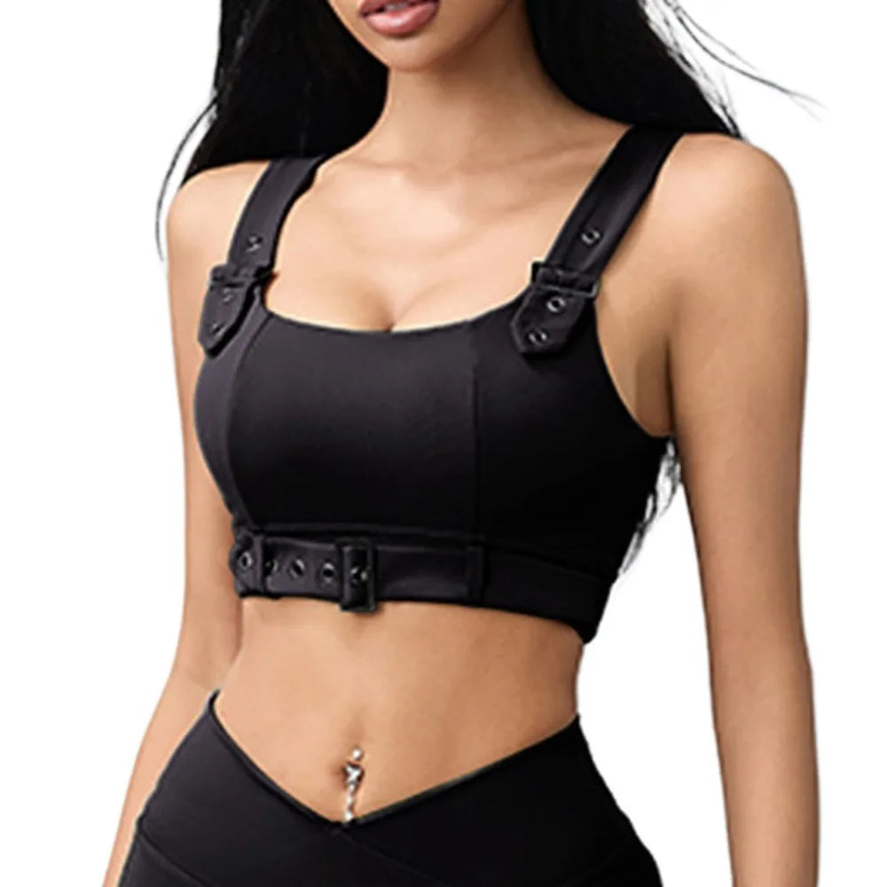 Chic Biker-Inspired Women's Quick-Dry Sports Bra and Leggings Set for Fitness and Running