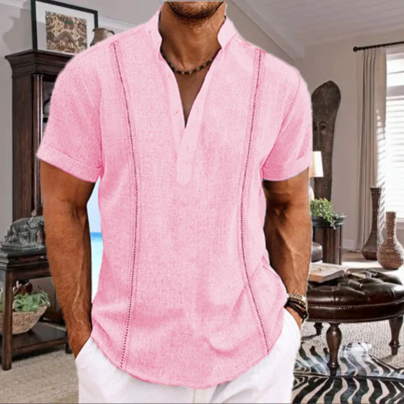 Men's Premium Cotton Linen Summer Guayabera Pullover Shirt with Stylish Henry Collar