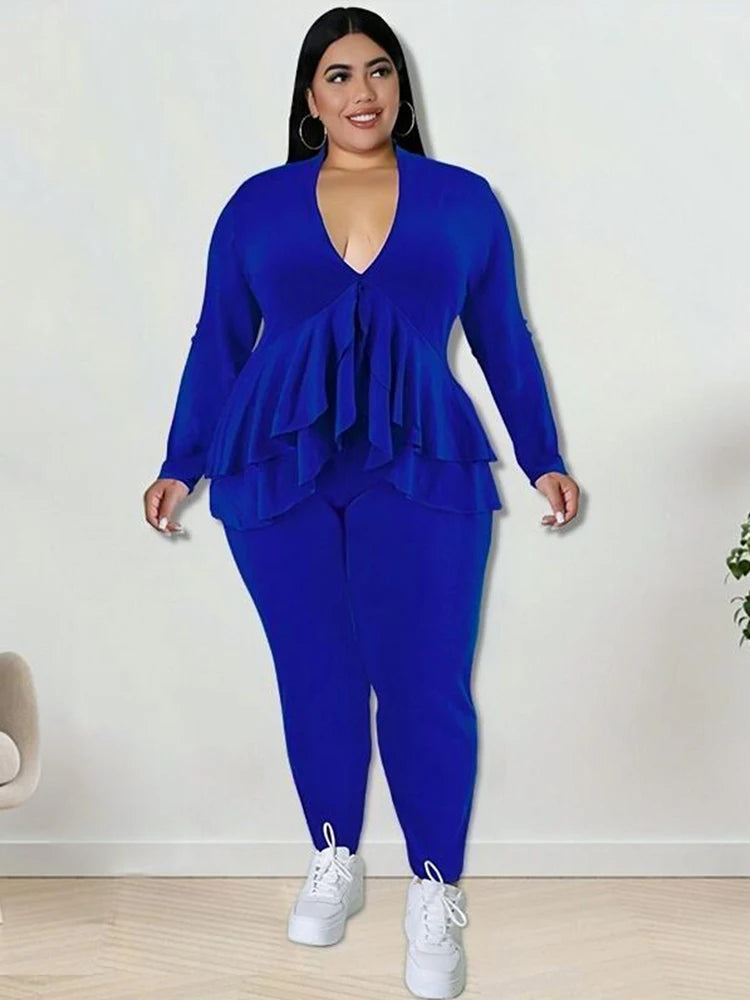 Chic Plus Size Women's Elegant Two-Piece Ruffle Blazer and Pants Suit Set for Stylish Comfort