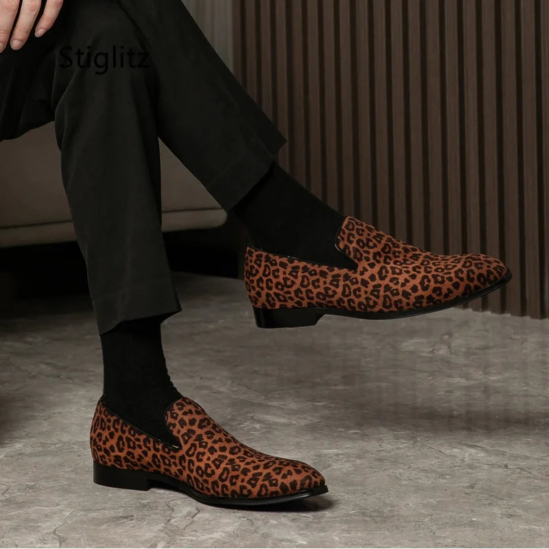 Leopard Print Casual Slip-On Loafers for Men - Breathable Genuine Leather Dress Shoes for Office and Driving in Spring and Autumn