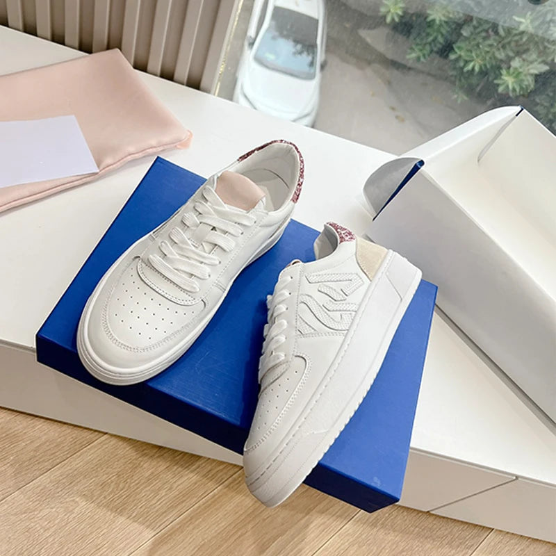 2024 Women's 100% Genuine Leather Sneakers - Chic Cowhide Low-Top White Shoes