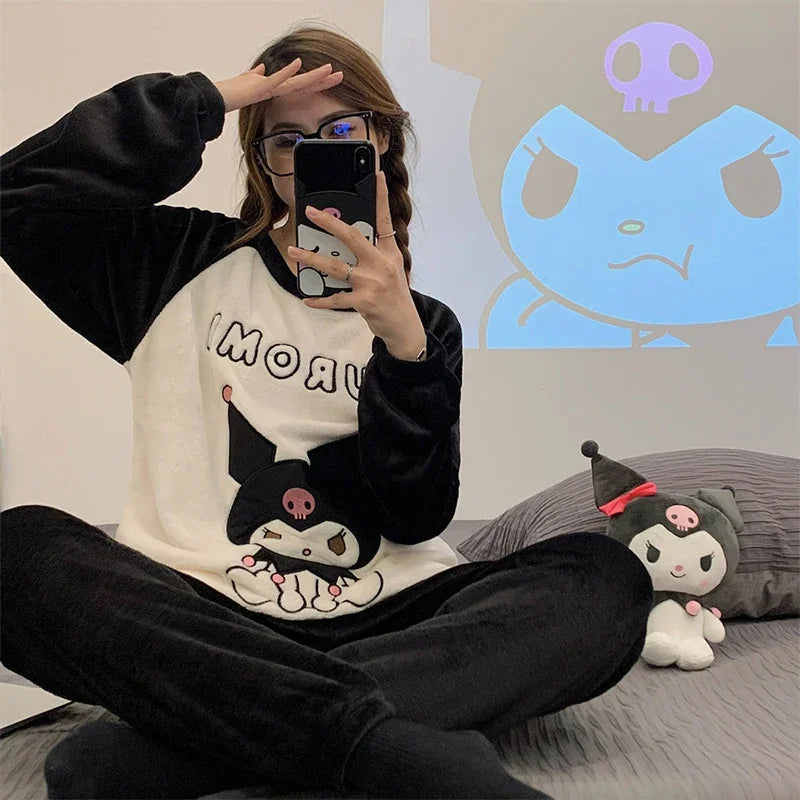 Cozy Sanrio Kuromi Winter Pajama Sets for Women - Adorable Soft Sleepwear & Cartoon Home Wear Gift