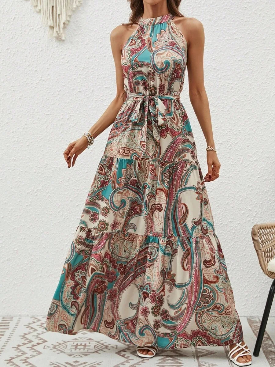 Summer Fashion Print Slip Sleeveless Waist Swing Dress Sexy Women Sashes Bohemia Dress Lady Long Maxi Vestido Vintage Robe Femme