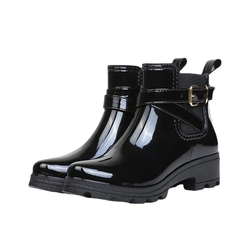 Stylish Waterproof Ankle Rain Boots for Women - PU Leather Slip-On Booties for All Seasons