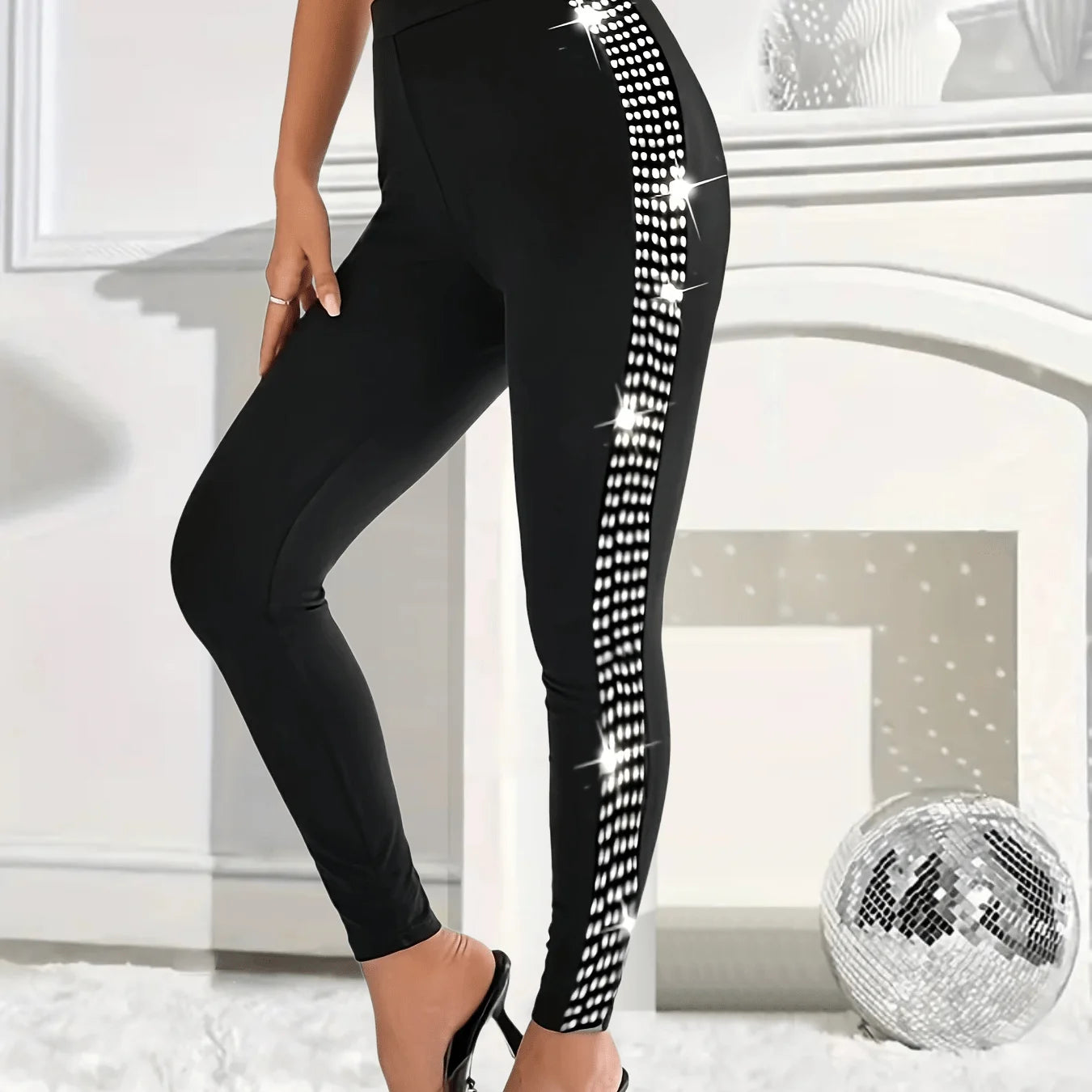 Chic Plus Size Women's Sequin-Embellished Slim-Fit Yoga Leggings for Effortless Style