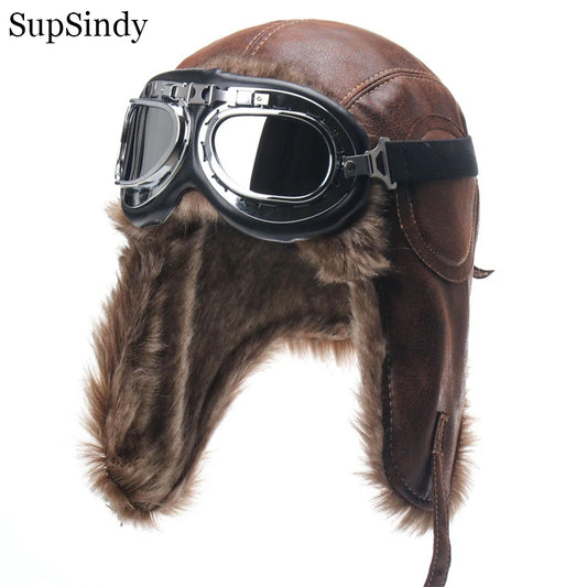 SupSindy Men Winter Bomber Hat With Goggles Outdoor Motorcycle Windproof Warm Faux Fur Pilot Earflap Hat Leather Thermal Ushanka