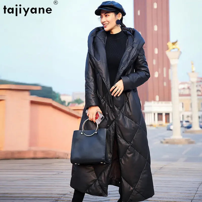 Tajiyane Genuine Sheepskin Jacket Women Clothes 2023 Winter Hooded Leather Jackets Warm Down Coats Long Outwear Doudoune Femmes