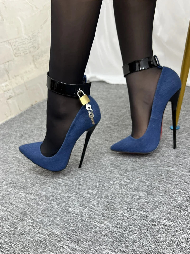 Chic 16cm Denim High Heels for Women - Customizable Fetish Pumps with Ankle Strap and Pointed Toe, Ideal for Cosplay Events