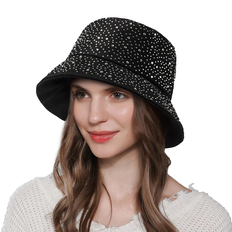 Chic Rhinestone-Studded Y2K Bucket Hat for Women - Stylish Cotton Panama Cap for Spring and Summer Escapades