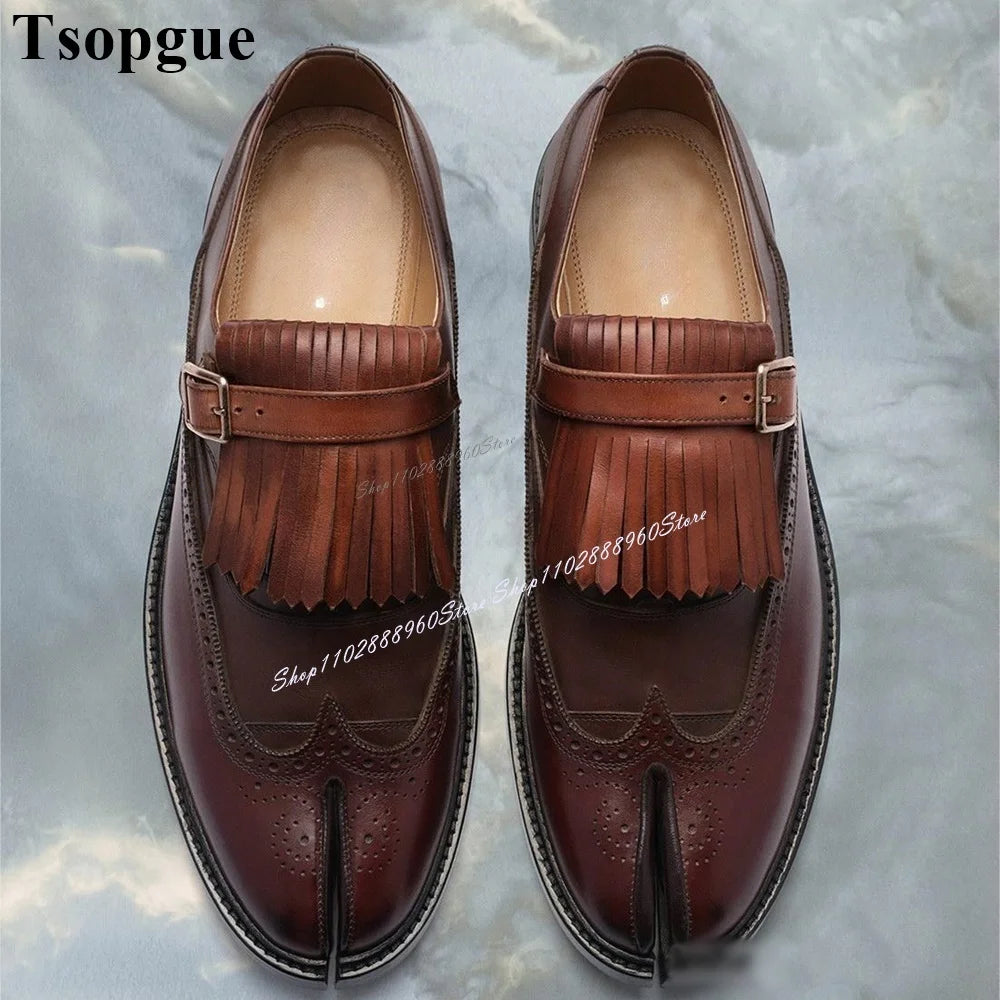 Elegant Brown Tasseled Buckle Strap Split Toe Flats for Men - Stylish Casual & Party Footwear 2024