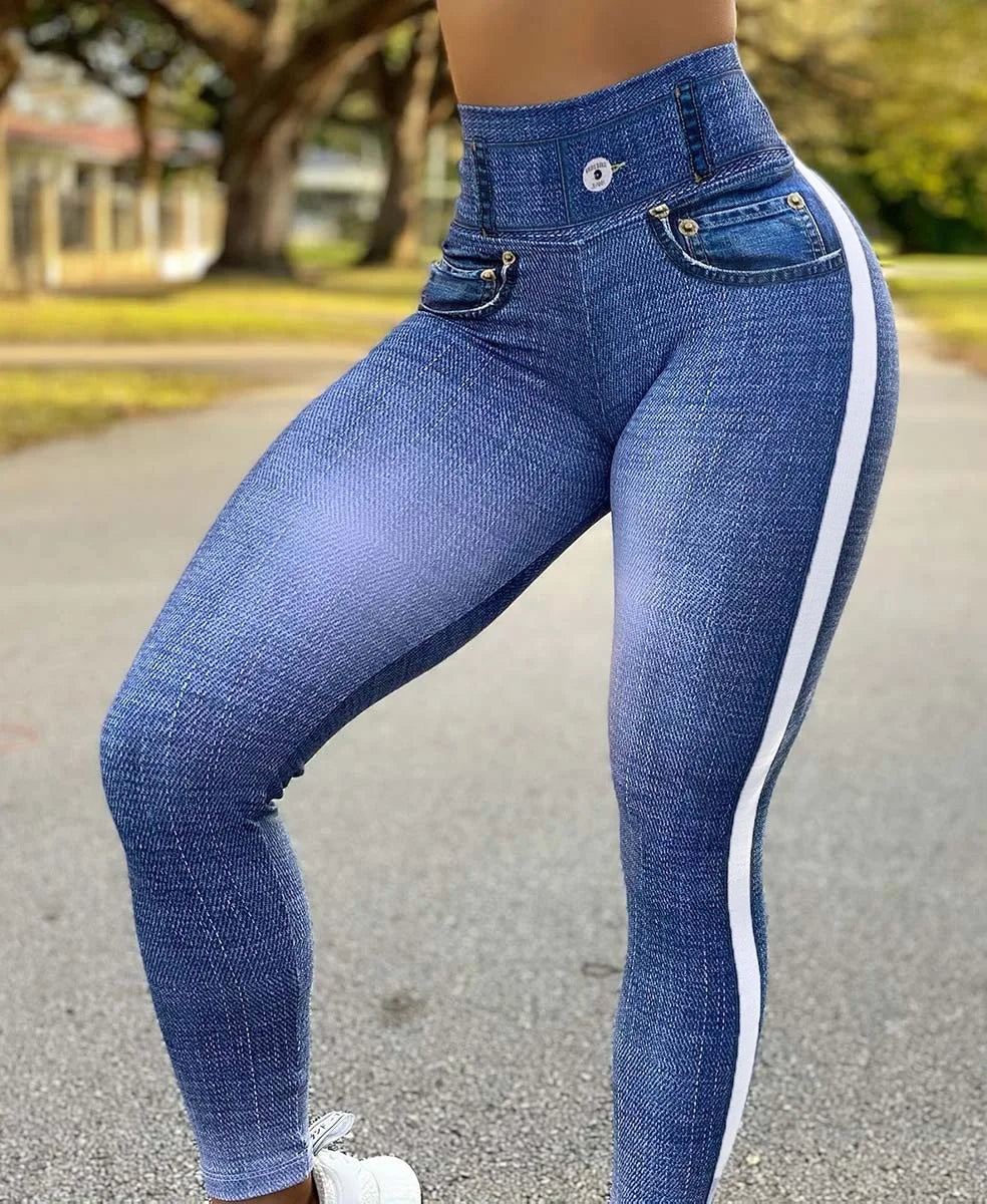 2024 Fall/Winter (XL.XXL.XXXL) Women's High-Waisted Elastic Denim-Look Leggings for Fitness and Yoga