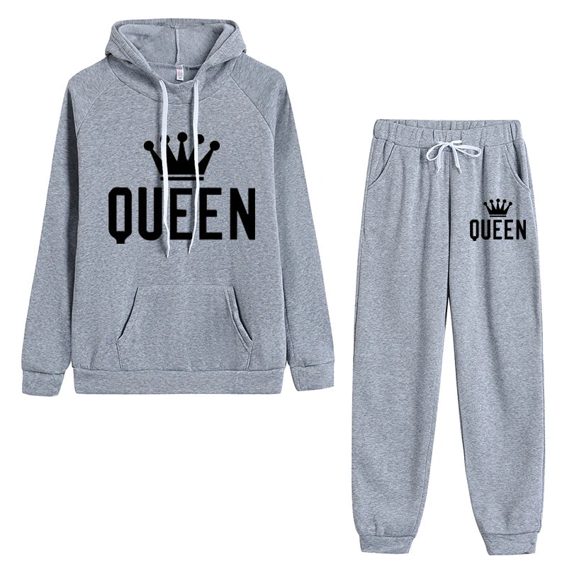 Queen Printing Womens Outfits Fashion Trend Hooded Sweatshirt Suit Casual Jogging Clothing Autumn Winter Hot Sales Pants Set