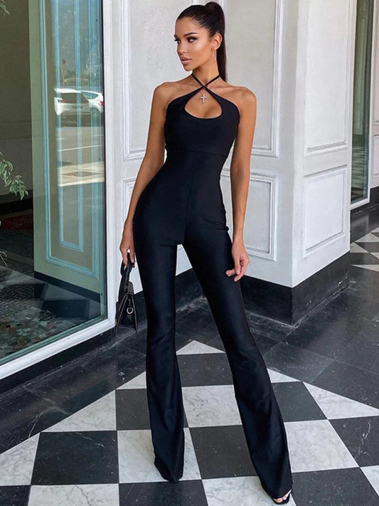 Elegant Black Sleeveless Jumpsuit for Women with Flared Pants and Alluring Neck Design