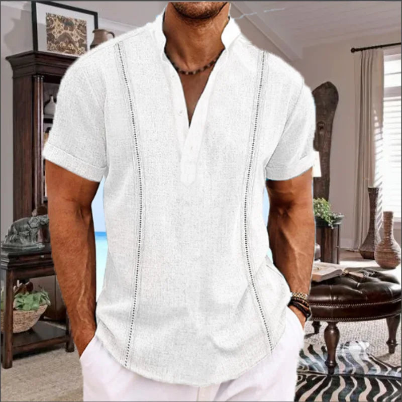 Men's Premium Cotton Linen Summer Guayabera Pullover Shirt with Stylish Henry Collar