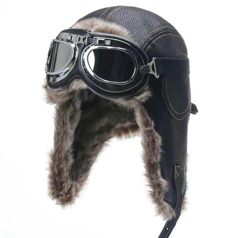 SupSindy Men Winter Bomber Hat With Goggles Outdoor Motorcycle Windproof Warm Faux Fur Pilot Earflap Hat Leather Thermal Ushanka